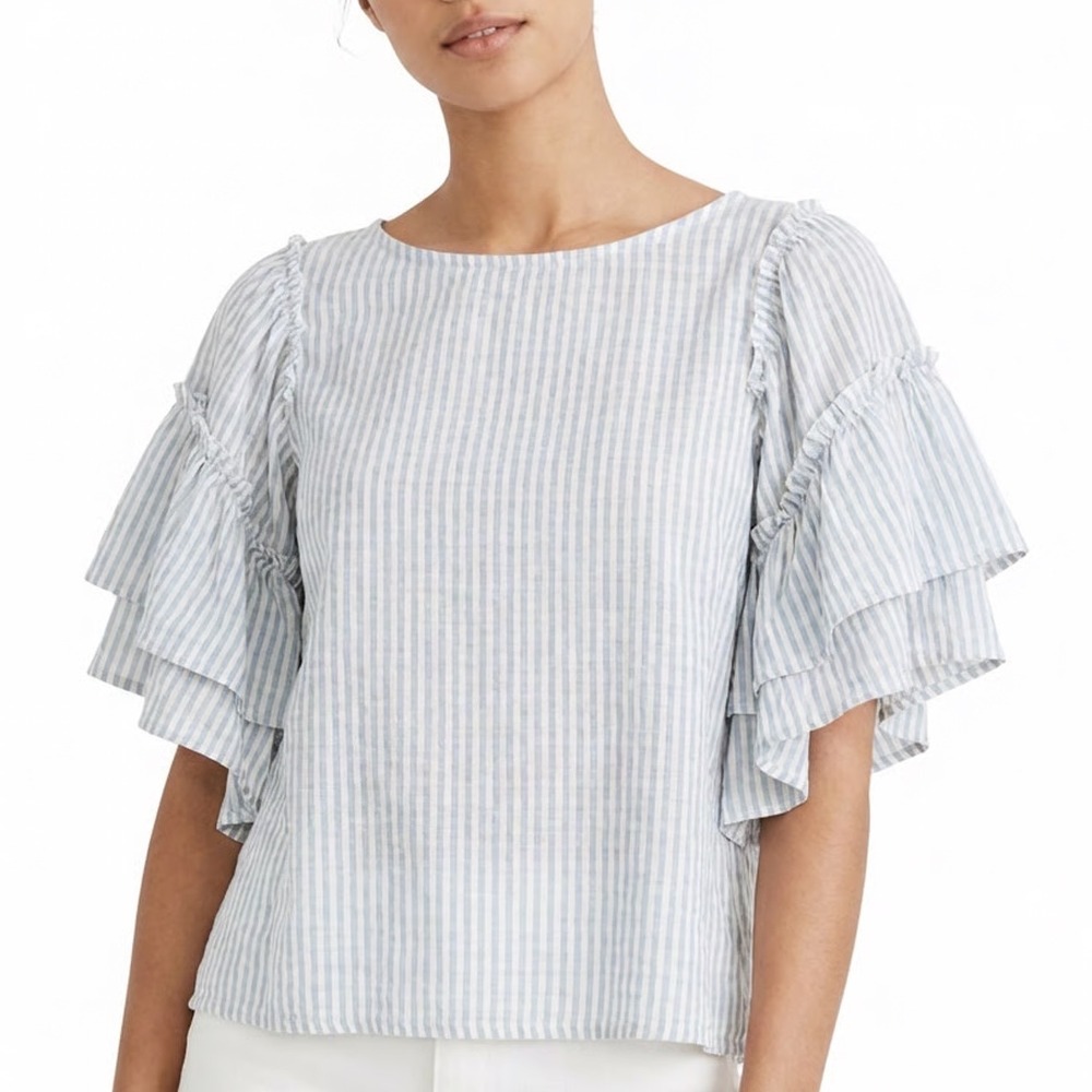 Chelsea & Theodore Crop Top Womens XS Blue White Striped Stretch Ruffled Sleeve